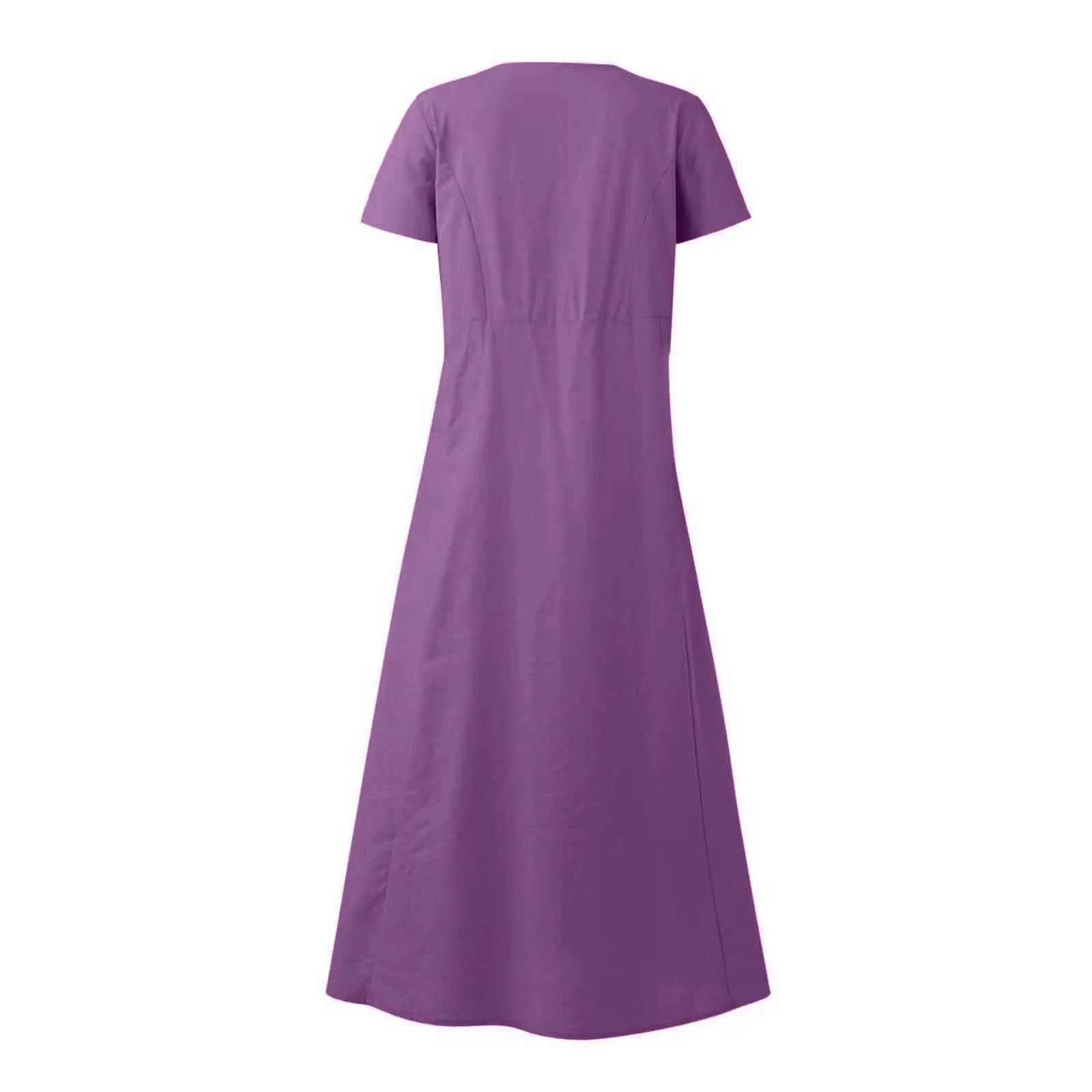 Women Solid Cotton Linen Round Neck Short Sleeve Loose Flowy Maxi Dress EU US Gown