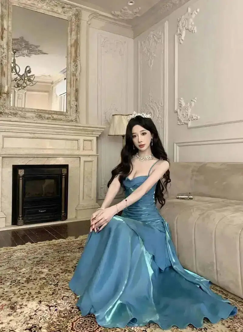 LGRQ 2026 Summer Blue Niche Strap Dress Fishtail Elegant Long Dresses Solid Color Female Elegant Party Gown 19DA2013