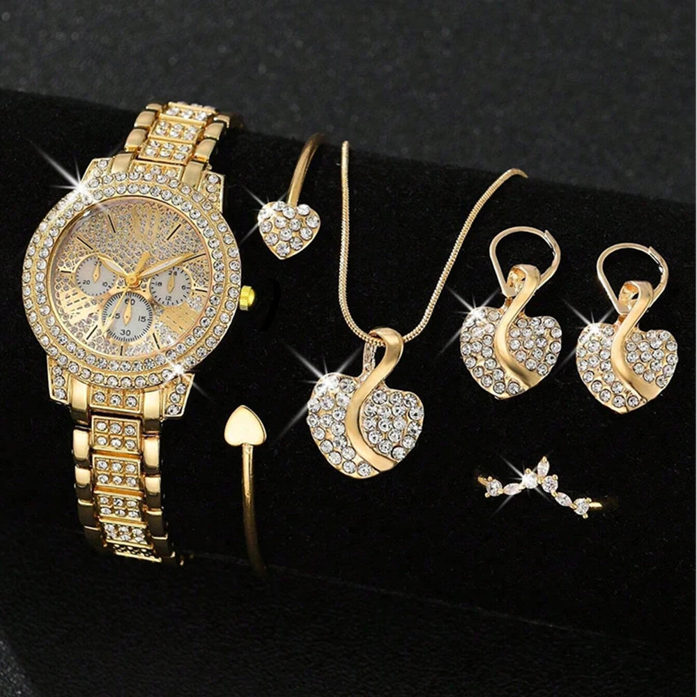 Women'S'S Quartz Watch Gold Luxury Women'S Ring Necklace Earring Rhinestone Fashion Wristwatch Casual Ladies Watches Jewelry Set ﻿
