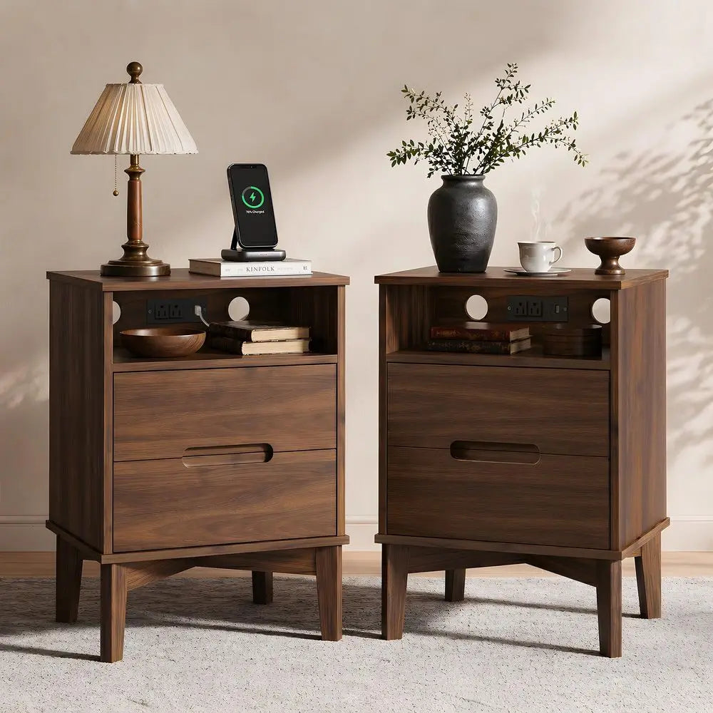 Tall Wood Nightstand Set of 2 with Charging Station amp USBC, Mid Century Modern Bedside Table with Solid Wood Legs, Walnut Fin