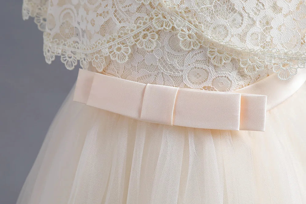 Criss-Cross Lace Girl Bridesmaid Dresses For Christmas White Kid's Party Dress Beading Tulle Children's Ceremony Evening Frocks