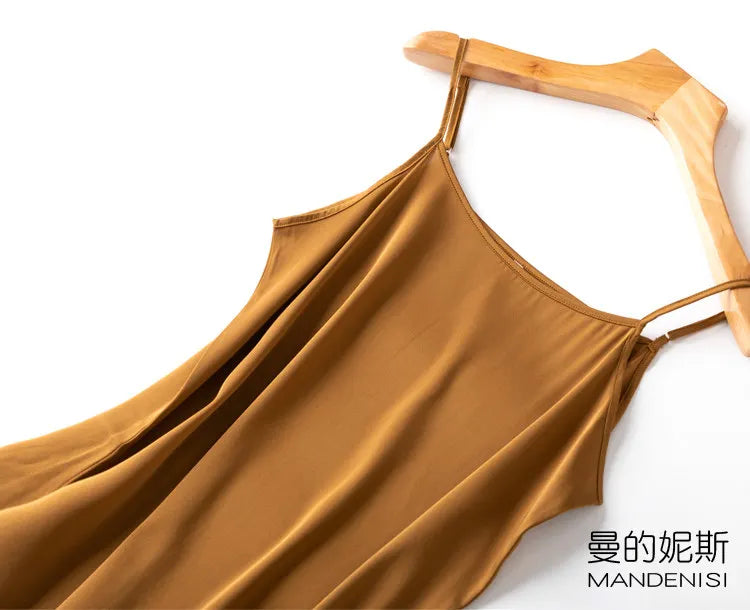 Tcyeek Women Silk Dress 93%Silk 7%Spandex Spaghetti Strap Mid Dresses 2024 Summer New Clothes Blue