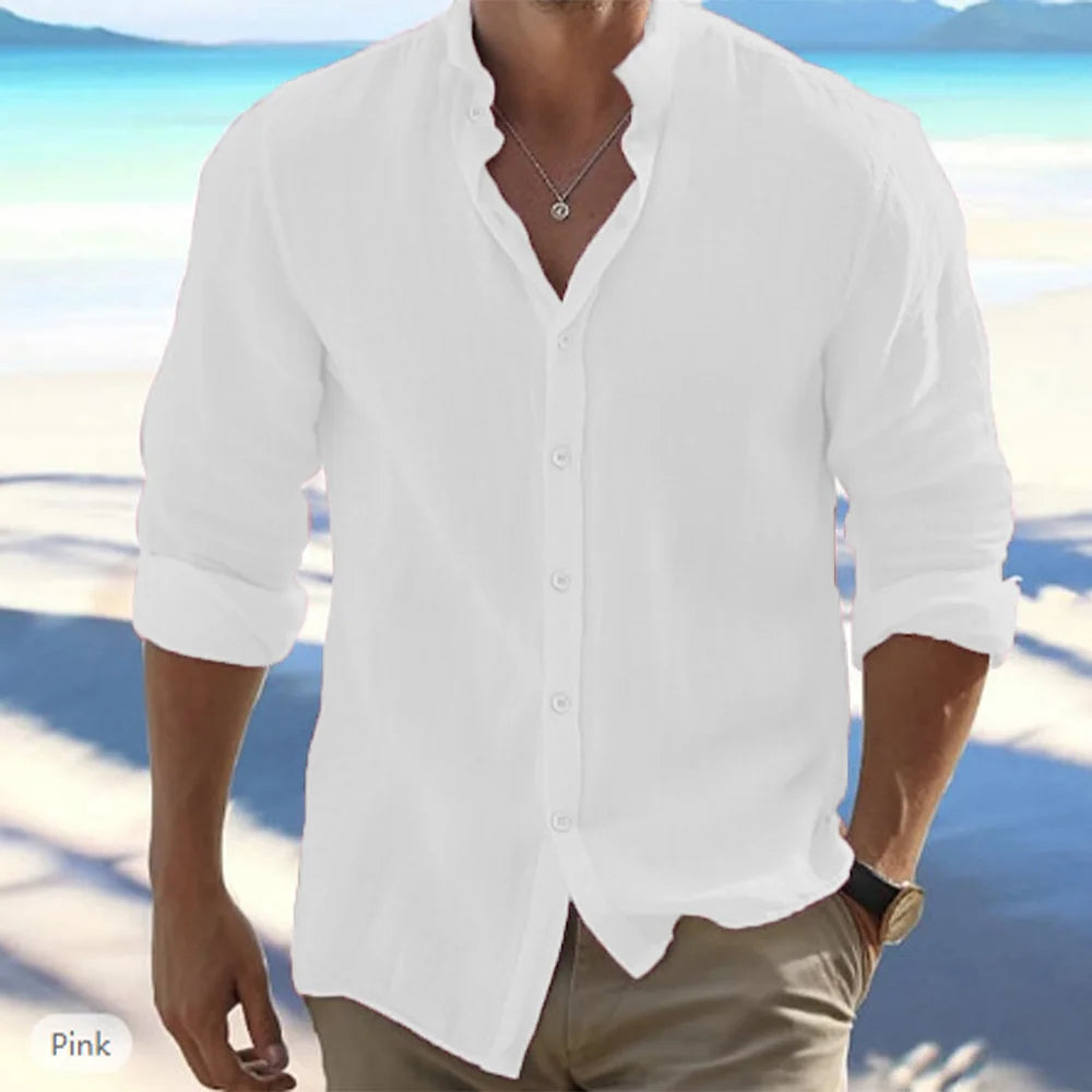 Breathable Cotton Linen Mens Long Sleeve Shirt Solid Color With Stand Up Collar For Summer Beach Style Plus Size