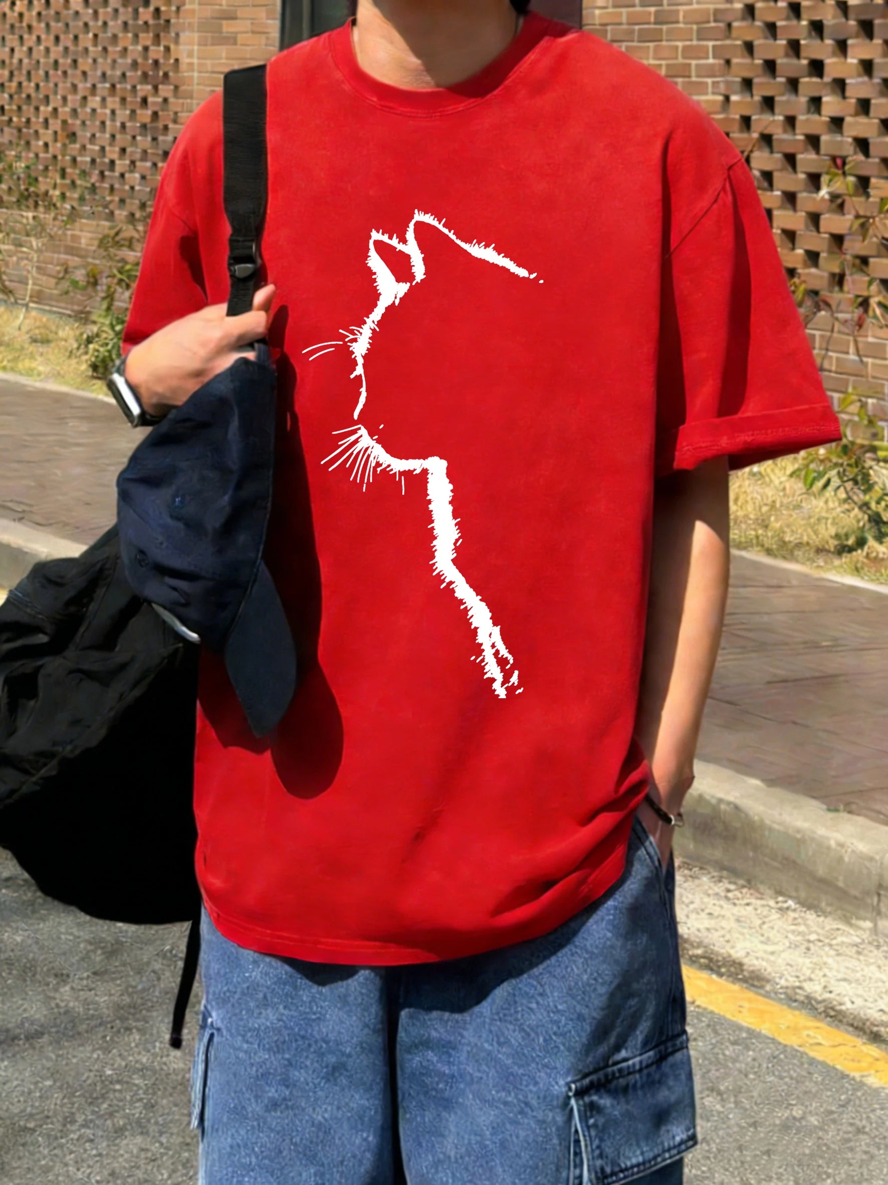 Cat Silhouette Men's T Shirt Ultra Breathable Cotton Summer T Shirt Oversized Loose Fit Vintage Style For Cat Lovers