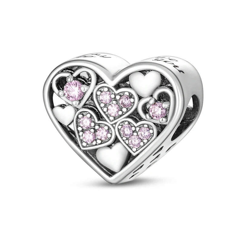 925 Sterling Silver Heart Charm Bead With Zircon Accent, GDTC Certified Fine Jewelry Gift For DIY Bracelet Makers
