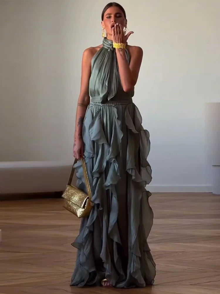 Summer Cascading Ruffles Long Dress Women Sleeveless Lace Up Pleated Female A-line Dresses 2026 Fashion Lady Holiday Robes New