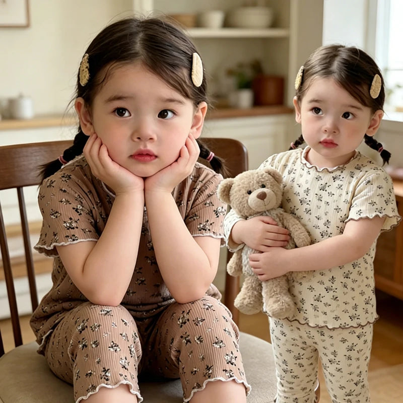 Baby Girl Floral Pajamas Set Summer Short Sleeve Thin Two Piece Outfits Toddler Kids Sleepwear Infant Home Wear Children Clothes