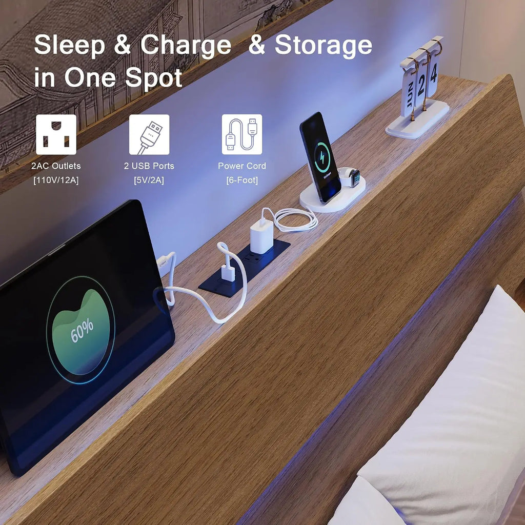 Floating Bed Frame Full with Led Lights and Charging Station, Full Size Platform Bed Frame w/Storage Headboard, Heavy Slats