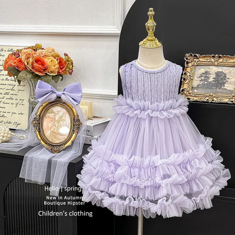 New Summer Baby Girls Sleeveless Tulle Princess Party Dress Layered Ruffle Fluffy Tutu with Large Back Bow Party Wedding P2516