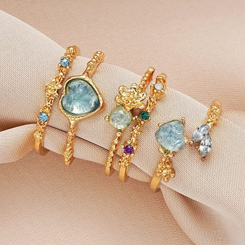 New Y2K Crystal Rings Kpop Heart Adjustable Ring Irregular Geometry Punk Vintage Rings Set for Women Girls 2024 Fashion Jewelry