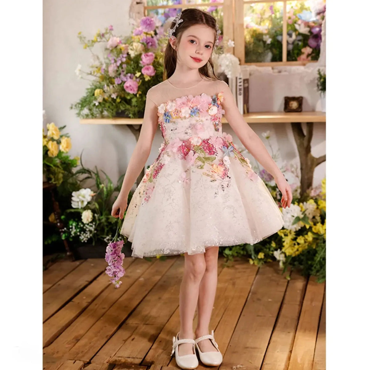 Dreamy Vow J404 Charming White Baby Girl Dress Floral Embroidered Tulle Bow for Kids Holiday 1st Birthday Party Short Ball Gown