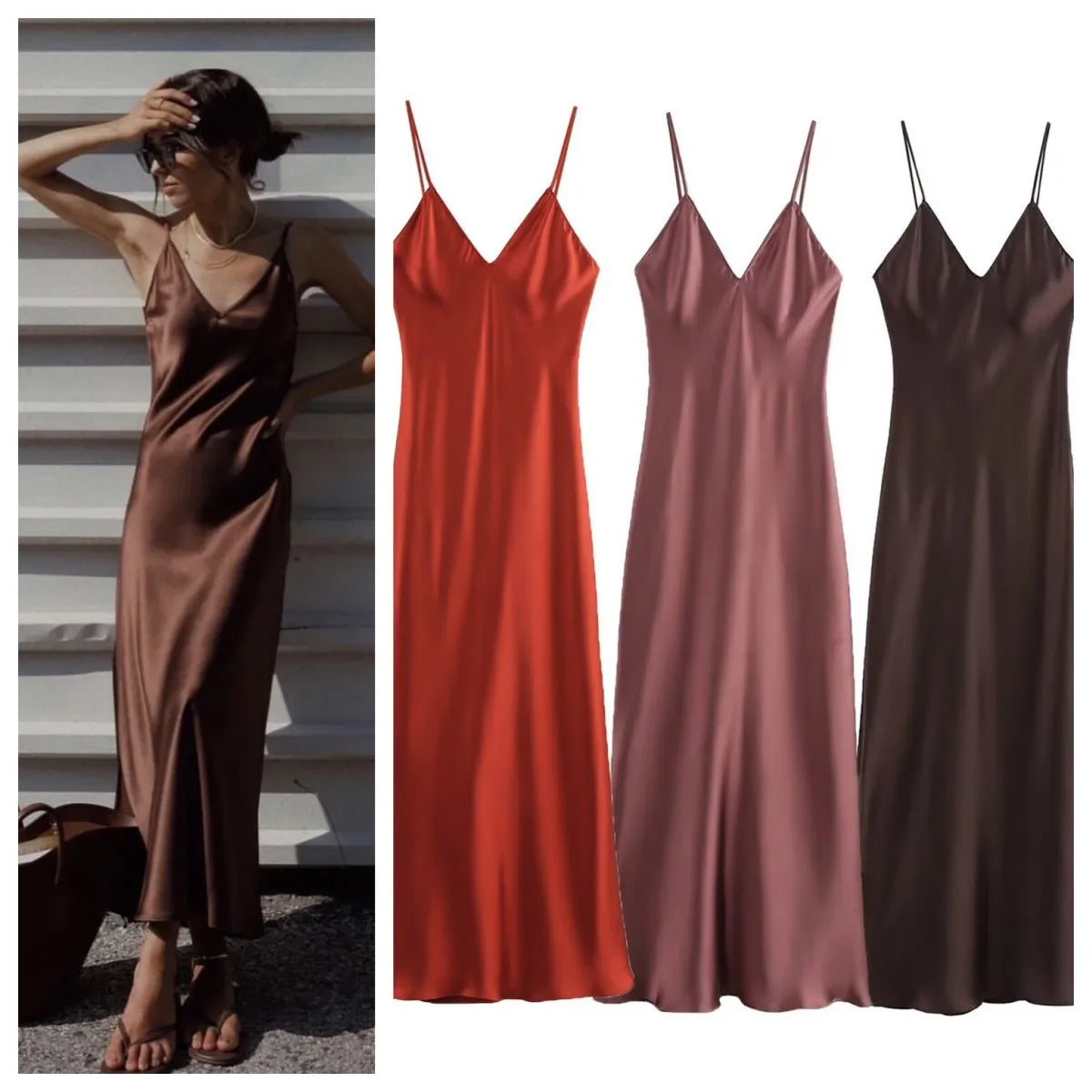New Elegant women's fashion silk satin texture MIDI dress sexy backless party slip dress