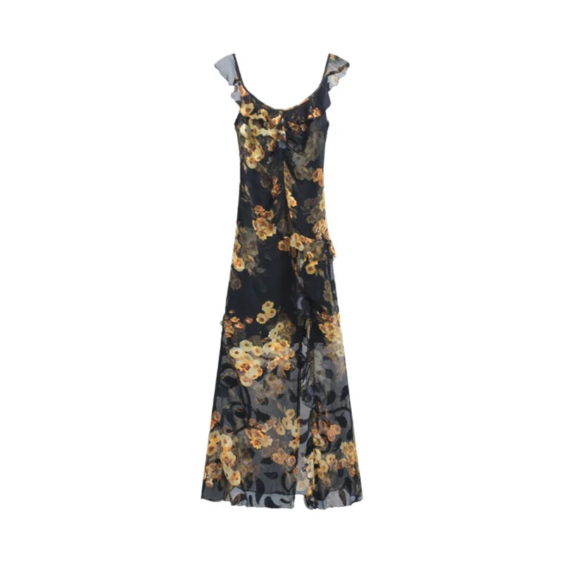 Summer 2026 Women's Long Sleeveless Dress Halter Neck Print Gauze Edge Split Fashionable Slim Fit Street Style High Waist