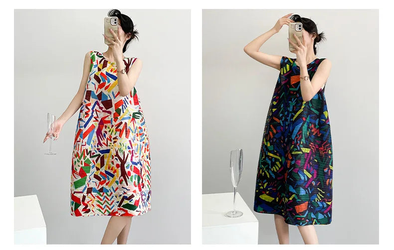 2026 Summer Retro Print Design Flared Dress Women Loose Fit Plus Size Fashion Elegant Sleeveless Dress Travel Vacation Wear