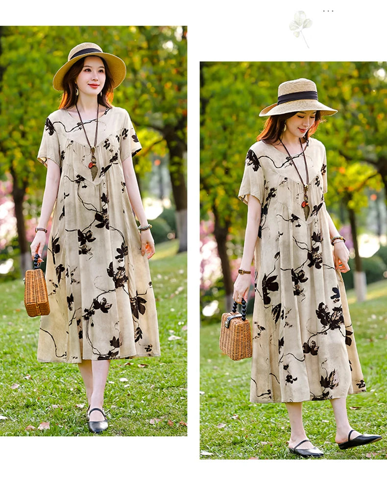 New Print plus size 2026 New Fashion Floral Printed Summer Dress Vestidos Elegant Short Sleeve Slim O-Neck Party Women clothing