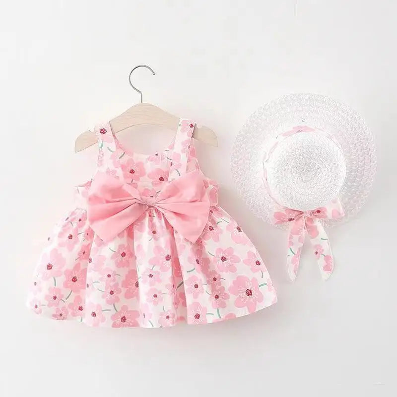 Beach Party Baby Girl Flower Dress Summer New Sweet Bow Children'S Clothing+Hat (9 Months -3 Years Old)