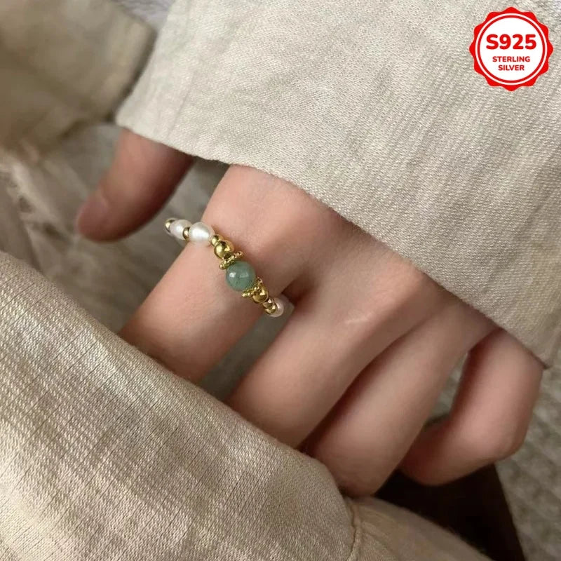 Fashionable Luxury 925 Silver Natural Stone Freshwater Pearl Women's Elastic Ring Daily Style Imves Fine Jewelry