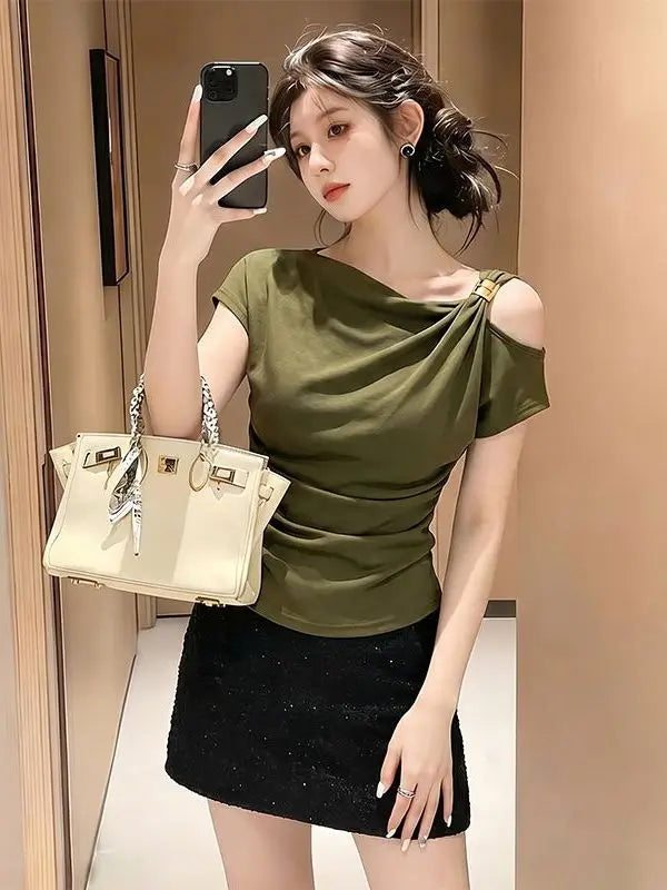 Women's Korean Style Slim Fit T-Shirt Short Sleeve Pleated Top