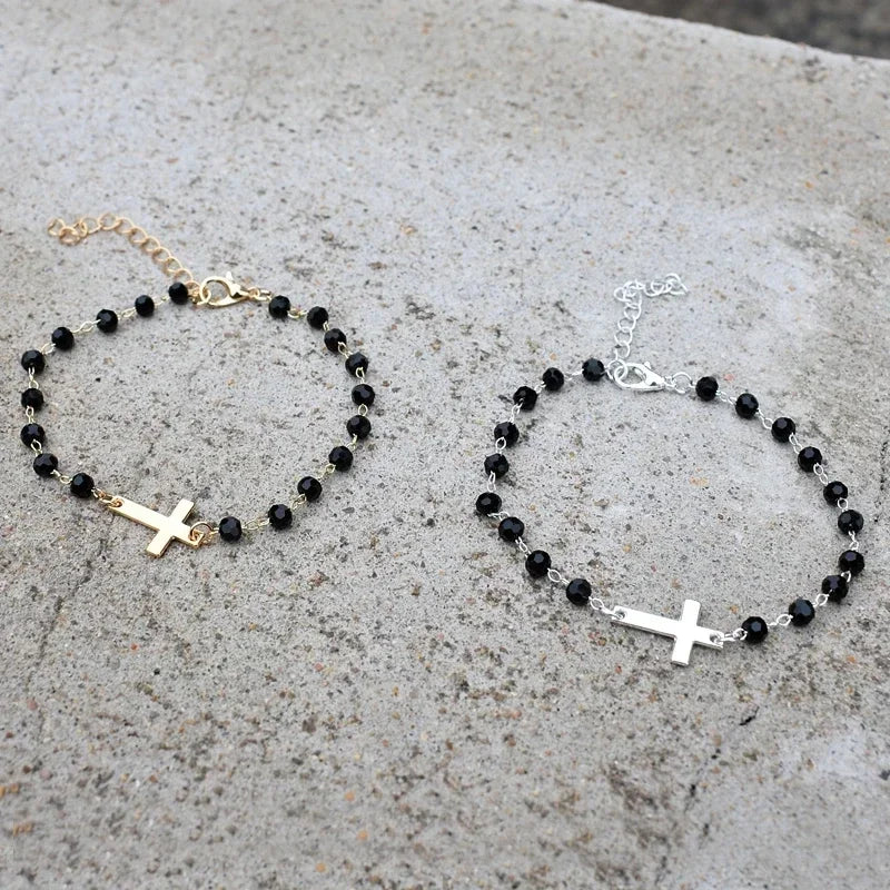 Cross Bracelet Tiny Simple Bracelet for Women Black Beaded Chain Adjustable Pulseras Christian Jewelry