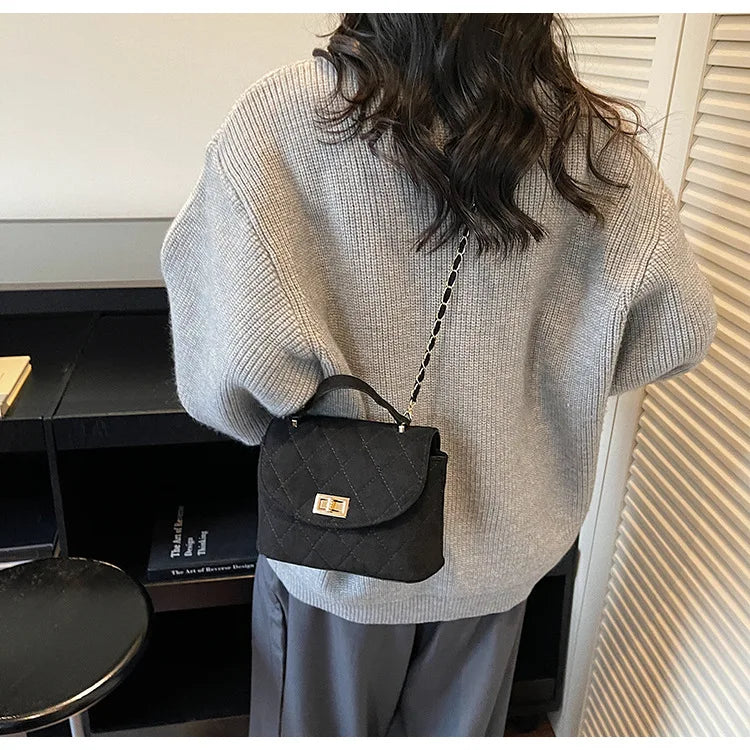 Diamond Grid Chain Crossbody Bag One Shoulder Purse Trendy Flip Top Clutch Women's Fashion Suede Leather Casual Shoulder Bag
