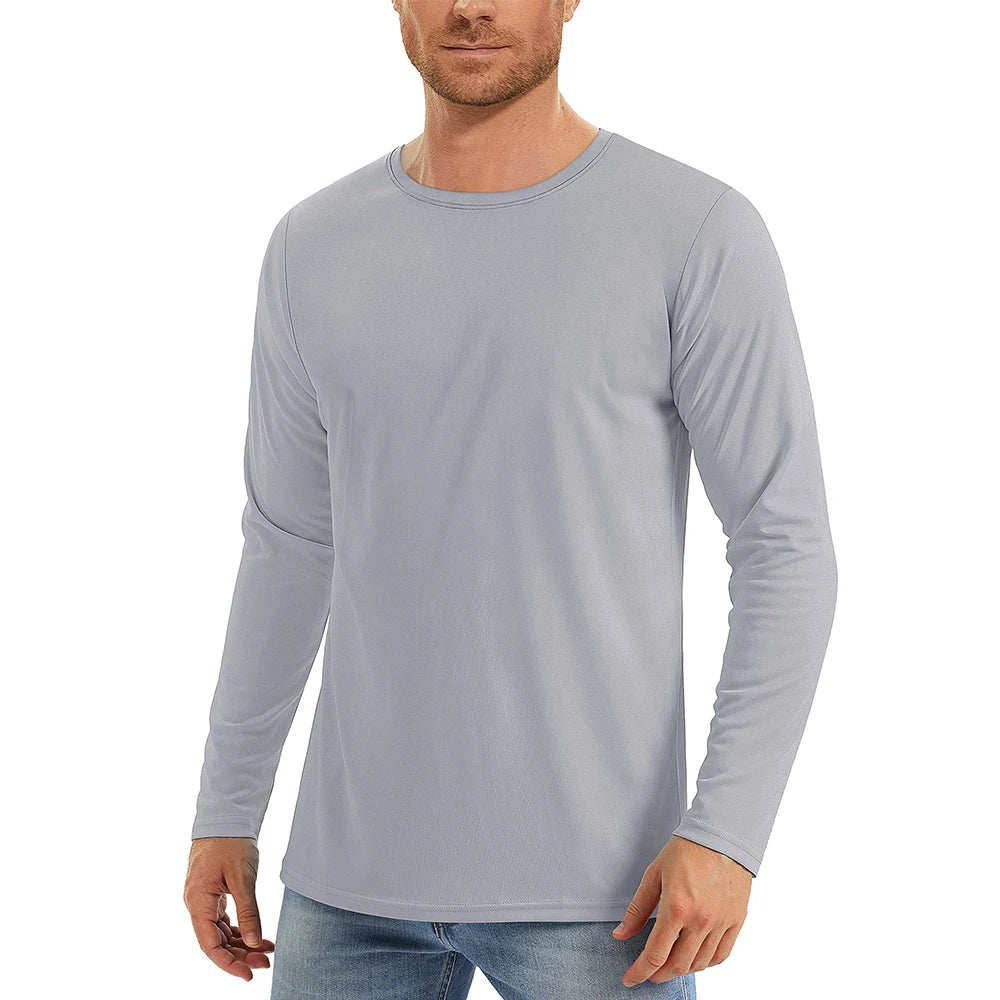 Upf50+ Men'S Sunscreen Uv Protection T-Shirt Solid Color Long-Sleeved Round Neck Outdoor Hiking Fishing Quick-Drying Tops