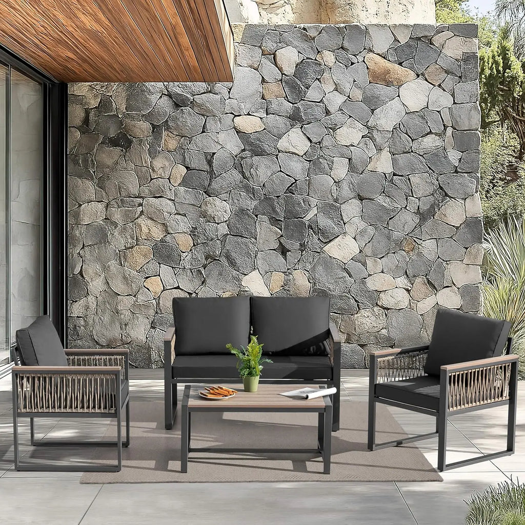4 Pieces Outdoor Patio Furniture Set, 4 Seats Sectional with Coffee Table, All Weather Wicker Patio Conversation Sets, Custom