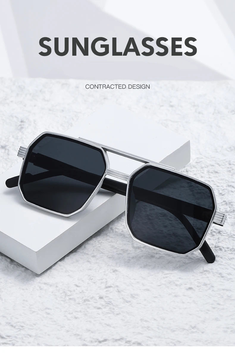 Hiking 3pcs Retro Large Frame Square Anti Light Glasses Classic Double Beam Metal Frame Shades Fashion Men'S Gradient Eyeglasses