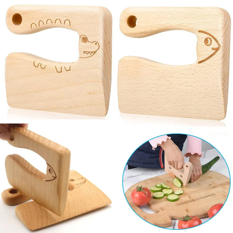 Cuchillo de madera para niños para cocinar con forma de pez y dinosaurio, juguete de cocina, cortador de verduras y frutas, herramienta de cocina, cuchillo de madera para niños