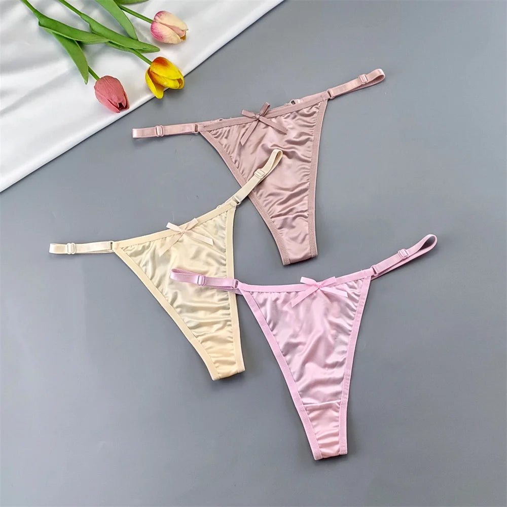 3pcs Women's Low-Rise Satin G-String Thong Panties - Adjustable