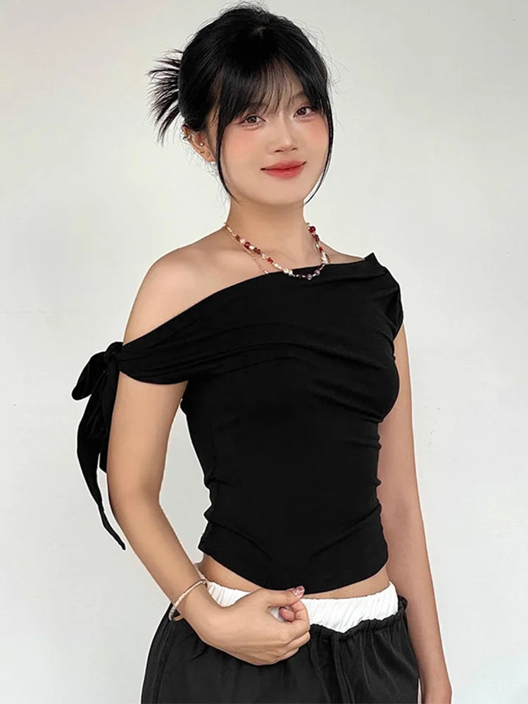 Women's Summer One-Shoulder Crop Top Asymmetric Pleated Design Backless Twist Tie Casual T-Shirt for 2025 Fashion Ins Style
