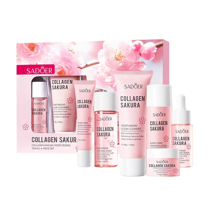 Collagen Sakura Moisturizing Travel 6-piece Set,Contain Cleanser, Toner, Lotion, Essence, Eye Cream, Face Cream, Facial Skincare