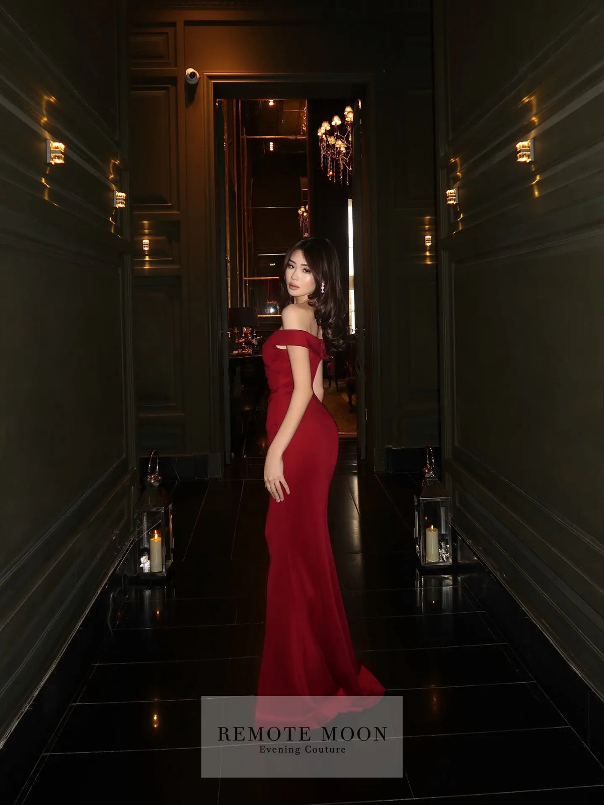 Remote Moon Elegant Red Off Shoulder Deep V-Neck Mermaid Evening Dress with Slit Arabic Wedding Guest Prom Gown Customized MN339