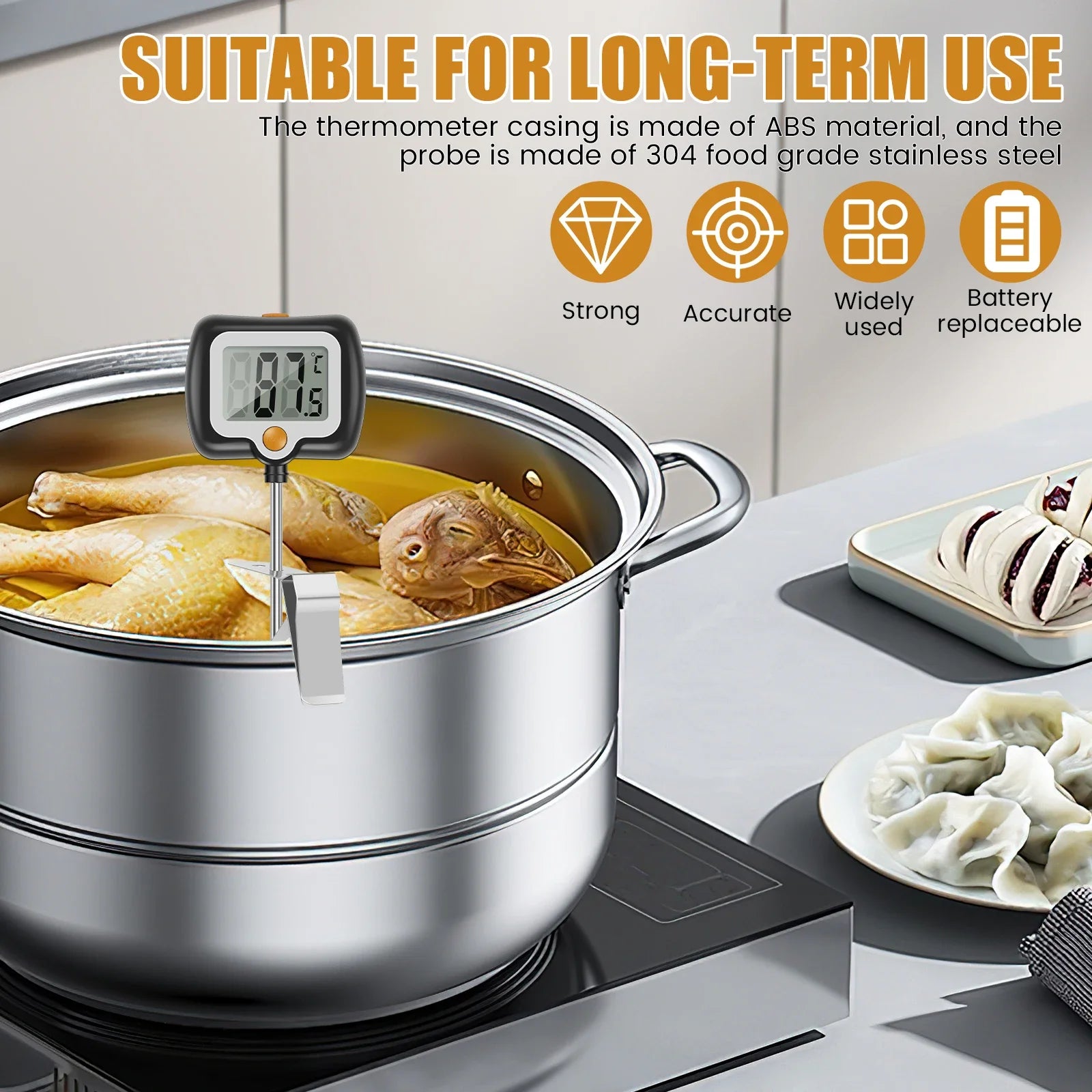Food Thermometer Digital Real-Time Reading Meat And Beverage Thermometer With LCD Display 180 Degree Rotating Kitchen Thermomet