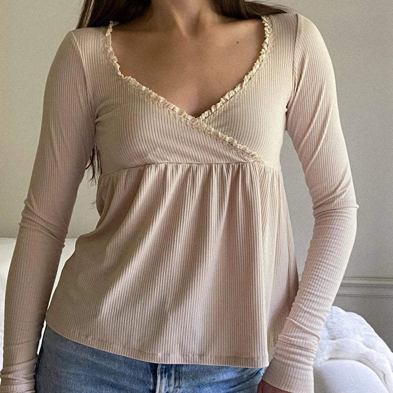 Maemukilabe Women's V-Neck Long Sleeve T-Shirt - Vintage Y2k Style