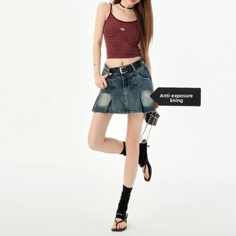 Trendy High Waist Pleated  Denim Skirt Women's Spring Summer New Lazy Style A-Line Half-length Jeans Skirts