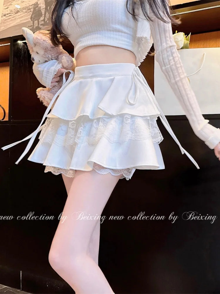 White Mini Skirts Women Lace Patchwork Sweet Ball Gown Sexy French Style Ruched Ruffled High Waist Summer Layered Romantic Gril