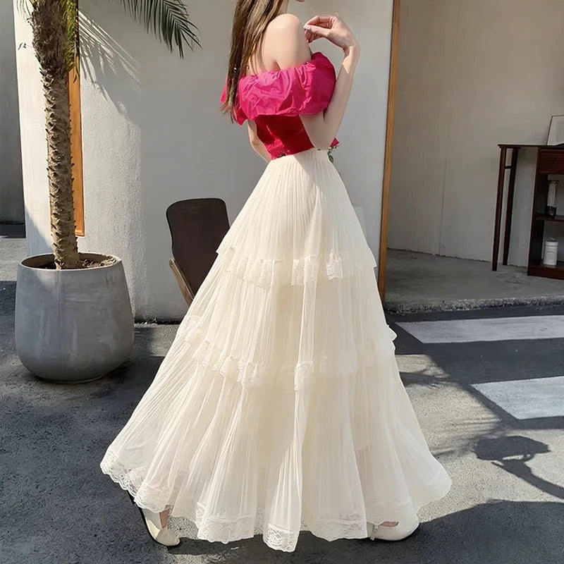 Retro Sweet White Long Skirt Women Casual Loose High Waist Elegant Skirt Vintage Lace Patchwork Korean Summer Long Skirts