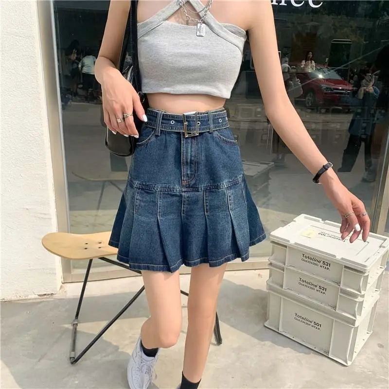 Spicy Girl Denim Half Skirt Women's Summer 2026 INS New Korean Retro High Waist Slim A-Line Pleated Short Skirt Trendy