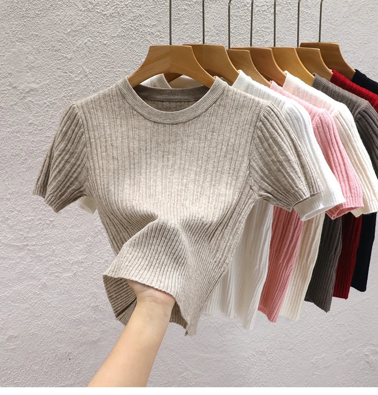 Korean Knit Crop Tee | Women's Casual Solid Basic Top