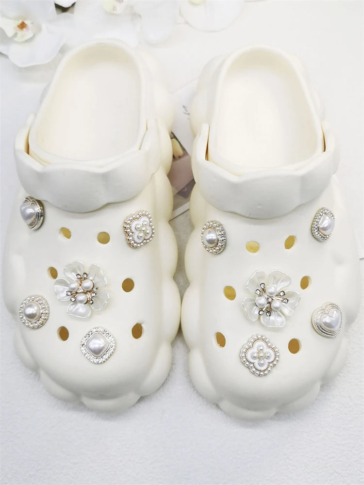 10Pcs Shoe Charms Abs Decorations Accessories Diy Ornament Pins For Clog Buckle Lady Garden Shoes Elegant Pearl Floral Design