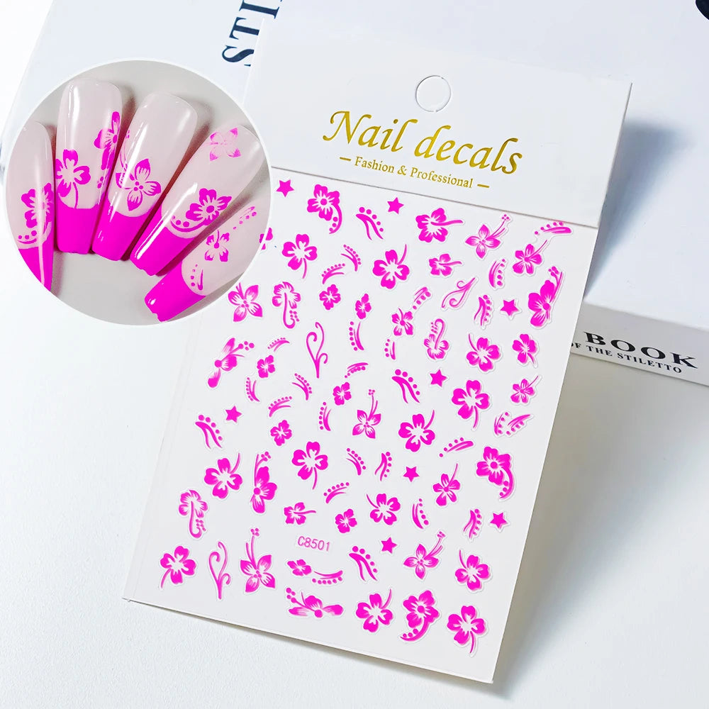 1 pieza 3D pegatinas de hibisco para uñas, flores blancas y negras, pétalos, calcomanías adhesivas, deslizadores florales rosas y dorados para decoración de uñas