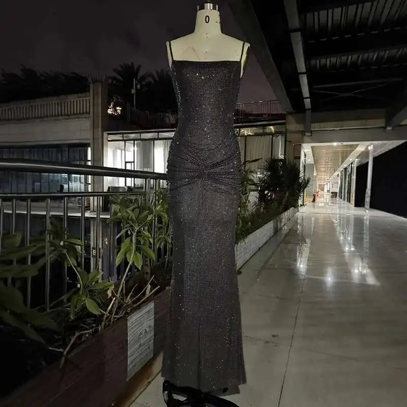 Deat Vestido largo hasta el suelo sin espalda con tirantes finos para mujer, ajustado, glamuroso, gris
