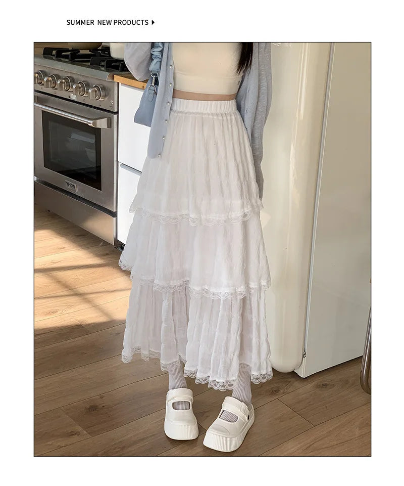 Sweet Lace Ruffles Long Skirt Women Summer Cute Puff Cake A Line Skirt Woman Korean Style High Waist White Chiffon Tulle Skirt