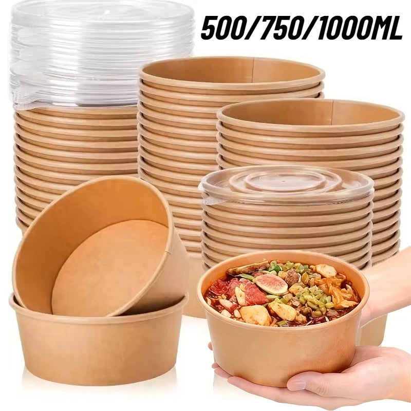 10/20PCS Kraft Paper Round Bowls Disposable Lunch Bento Bowls with Lids Meal Prep Salad Noodles Bowls Party Fries Fast Box