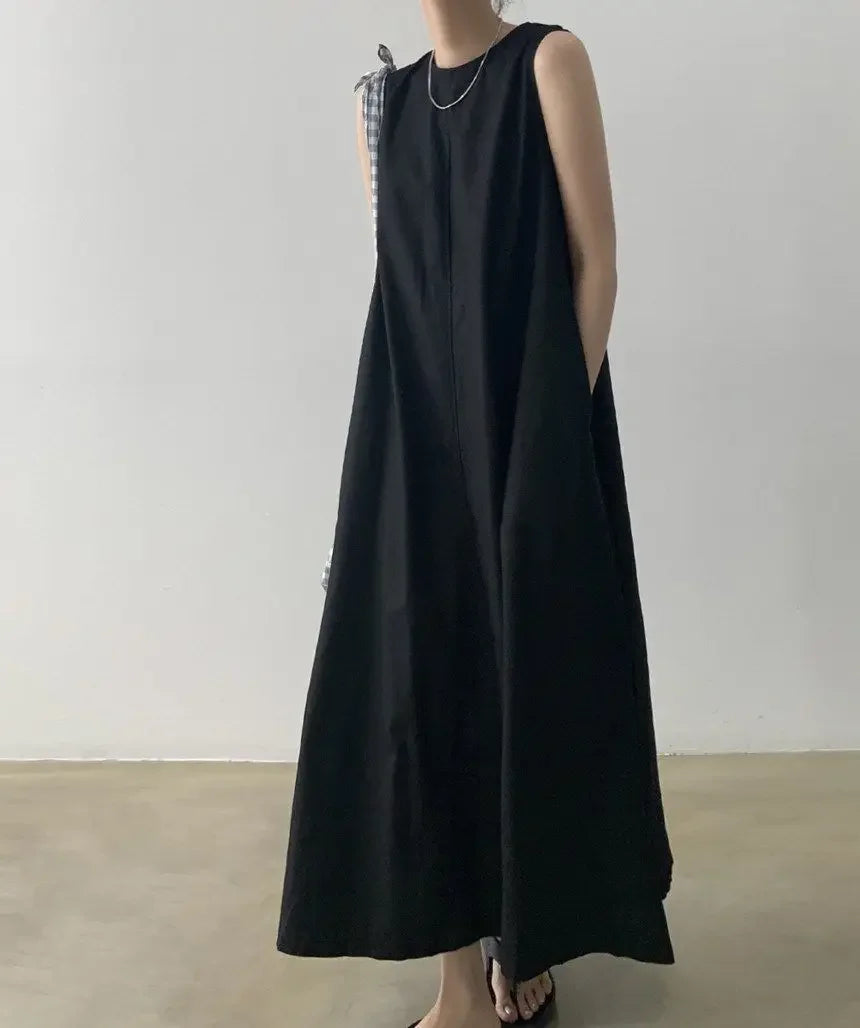 Korean Fashion Women Dress Casual Round Neck Loose Solid Color Casual Big Swing Sleeveless Long Linen Lazy Style Vestidos