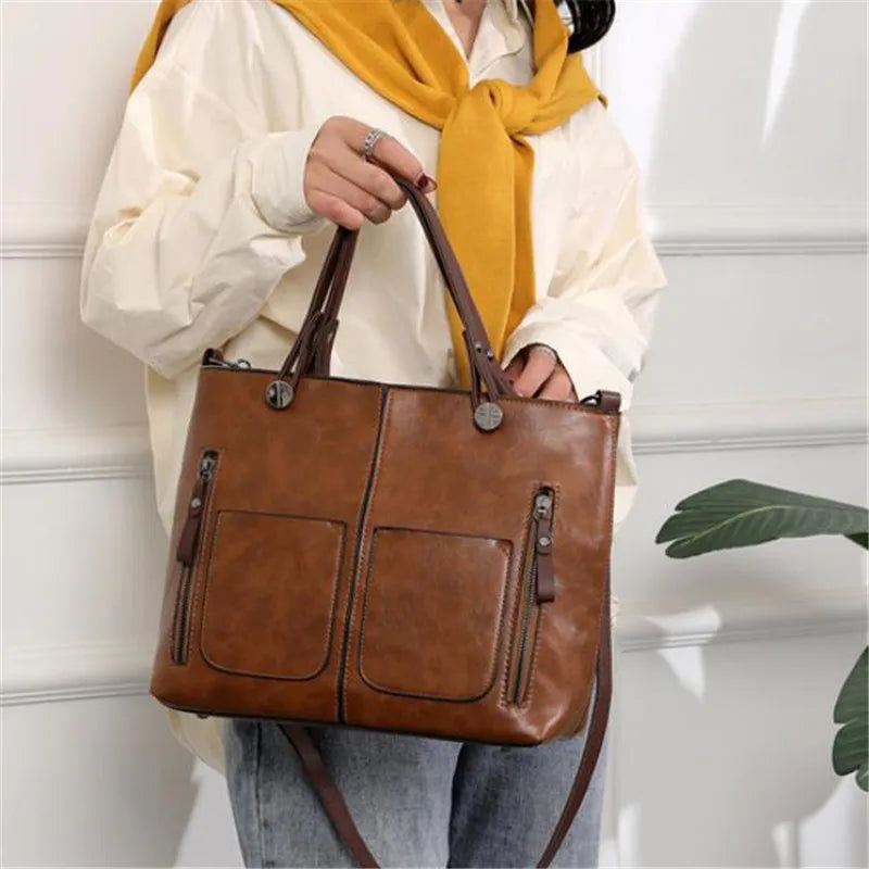 Retro Leather Handbag Shoulder Bag for Women with Double Pocket, Large Capacity, Vintage Lady's Tote Bag, Simple Crossbody Bags