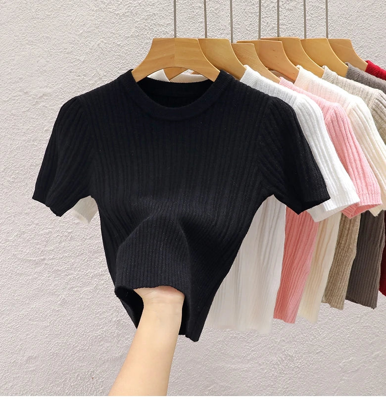 Korean Knit Crop Tee | Women's Casual Solid Basic Top