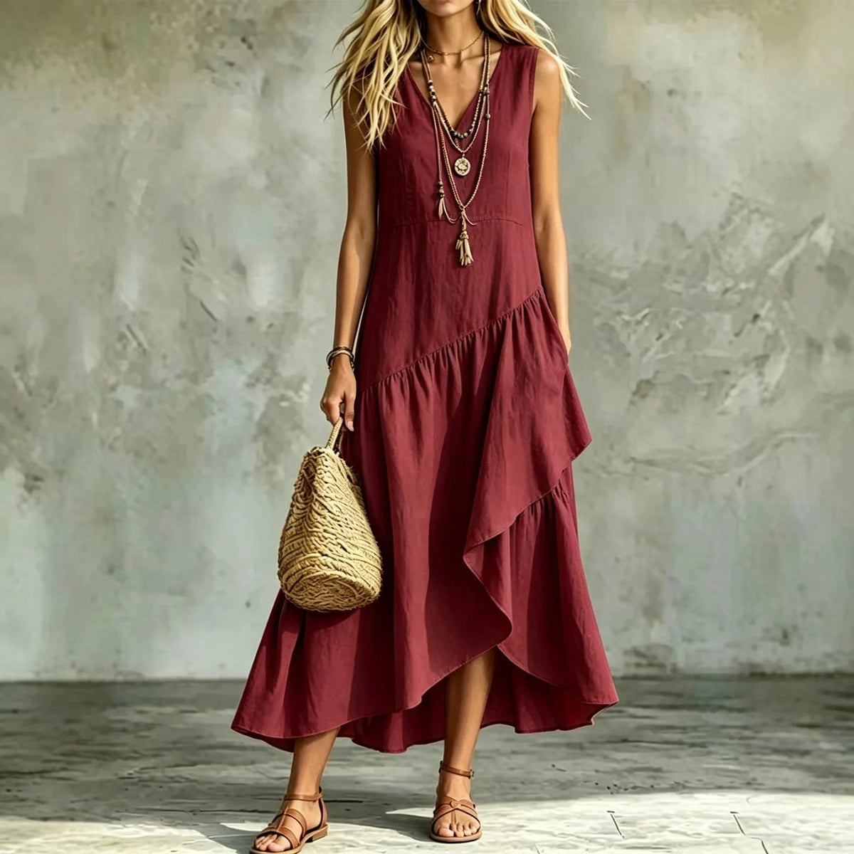 Summer 2026 New Arrival French Style Sleeveless V-Neck Asymmetrical Long Dress with Ruffle Hem Elegant Casual Tourist Wear