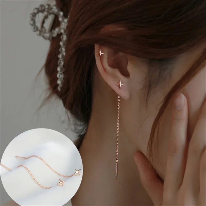 Rose Gold Threader Drop Earrings for Women Long Hanging Zircon Crystal Piercing Jewelry