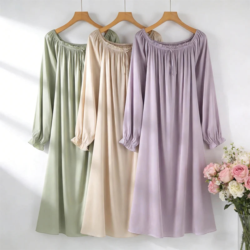 Women's Spring/Summer New 92% Natural Mulberry Silk Elastic Satin Solid Loose Sweet Wind Long Sleeve Home Clothes Nightdress